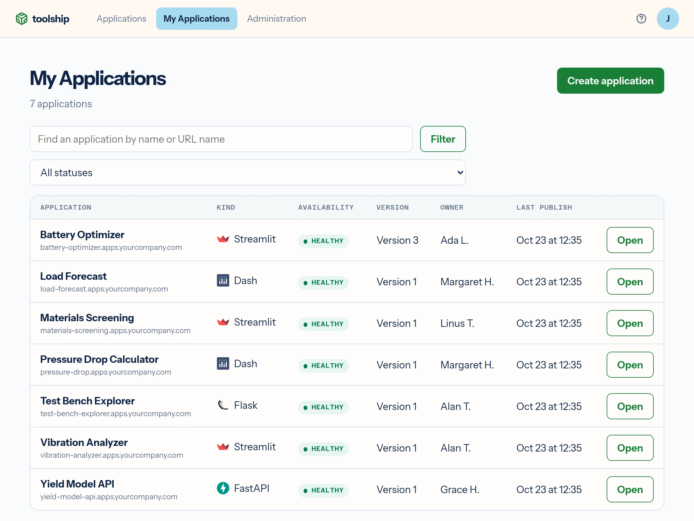 The list of every application in toolship, with its framework, status, version, owner and last publish