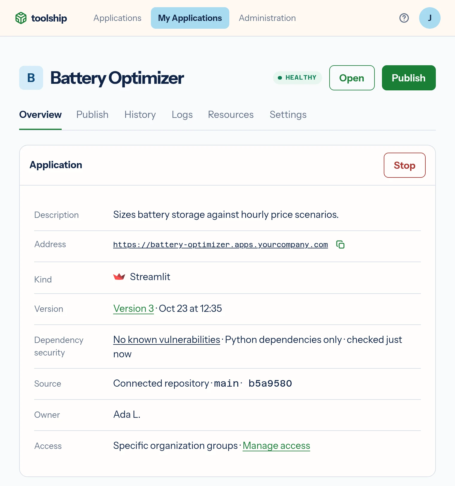 An application page in toolship showing its address, current version, dependency check, source, owner and access