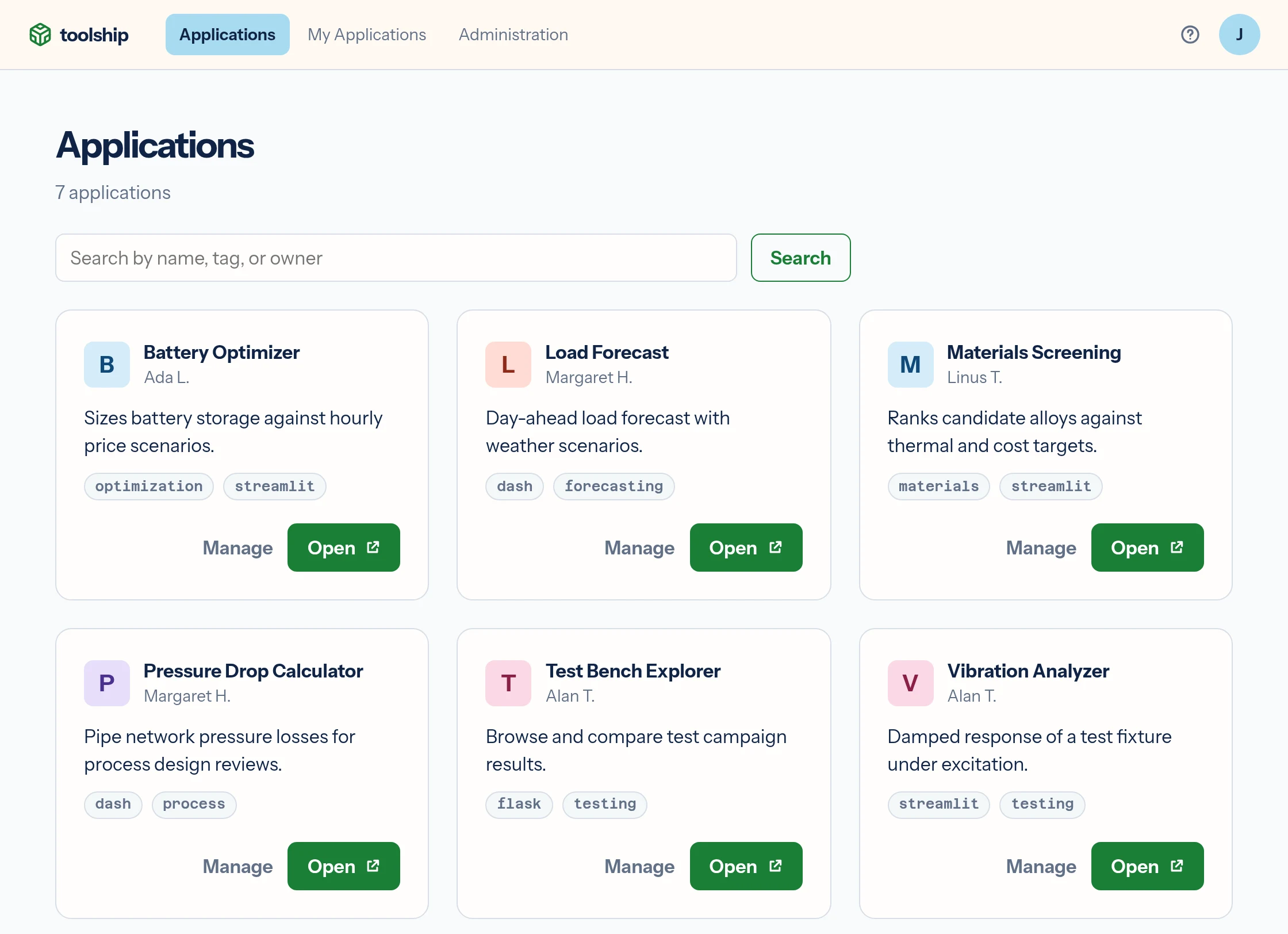 The toolship portal listing a team's applications, each with its owner, a description and an Open button